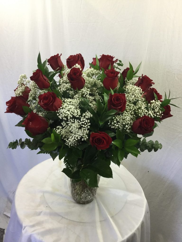 18 Red Roses with Baby Breath - WestchesterFlowerShop.com